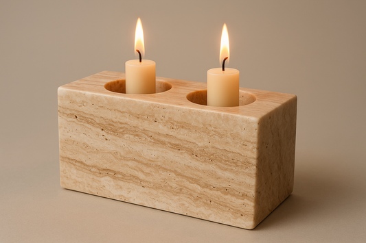 Travertine Two Holes Marble Candle holder with candles in holders